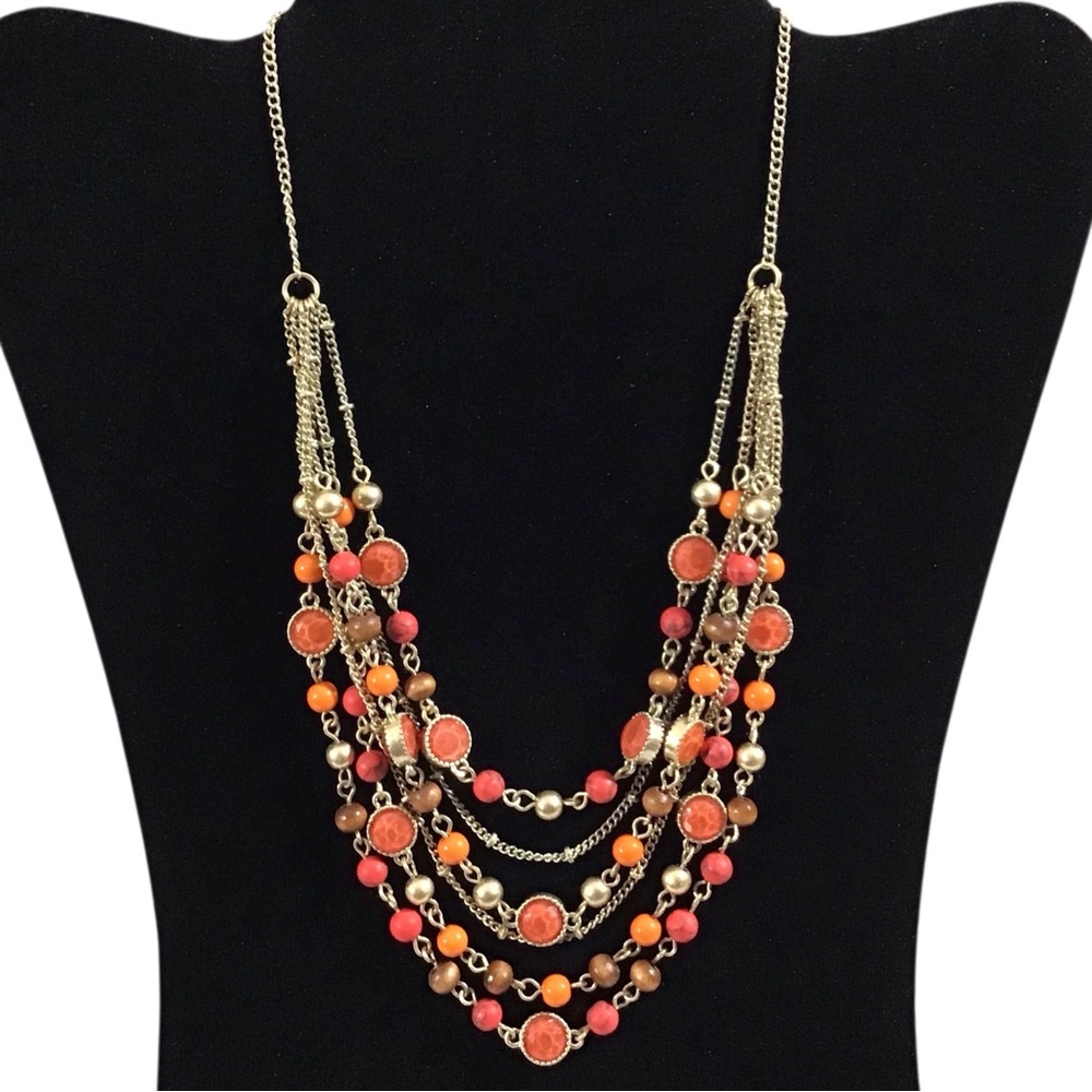 Nine West Beaded Necklace Silver Orange Brown Gold Beads Vtg American Allie ?